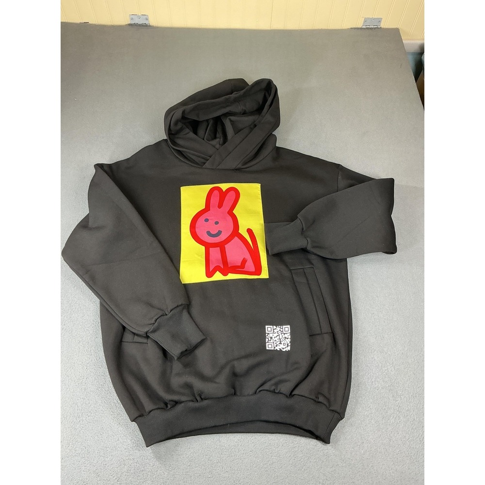 Finch Hoodie Mens Large Black AR QR Bunny Graphic Fleece Pullover Sweatshirt